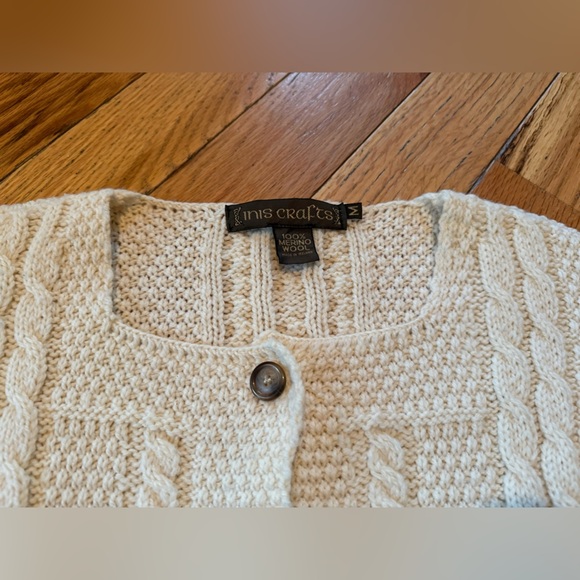 Inis Crafts 100% Wool Cardigan Sweater Cable Knit Square Neck Ivory Womens Sz M - Picture 9 of 15